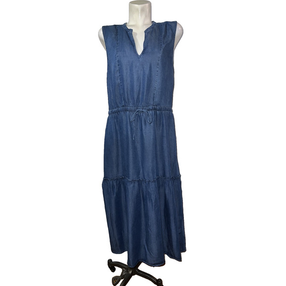 Lands' End Dress Women's Size L Blue Lyocell V-neck Sleeveless Tiered Midi - Picture 1 of 6